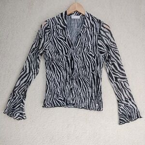 Point Zero Top Womens M Black White Zebra Sheer Mesh Long Sleeve Ruffle Cuff
